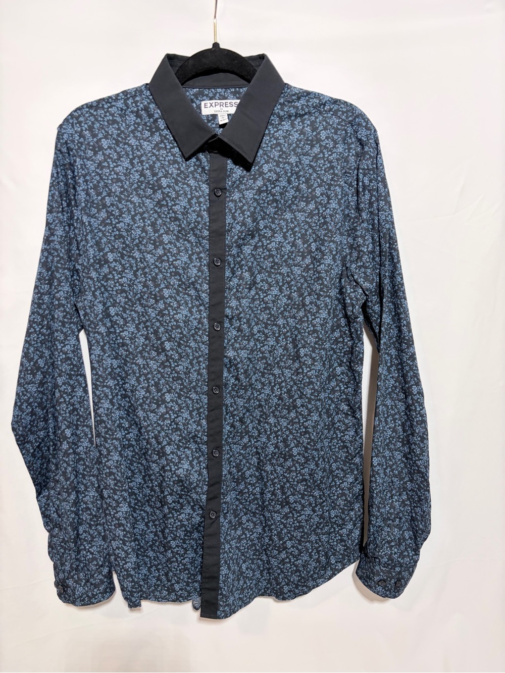 Express Men's Slim Fit Floral Button-Up Shirt Long Sleeve Black Blue Size L